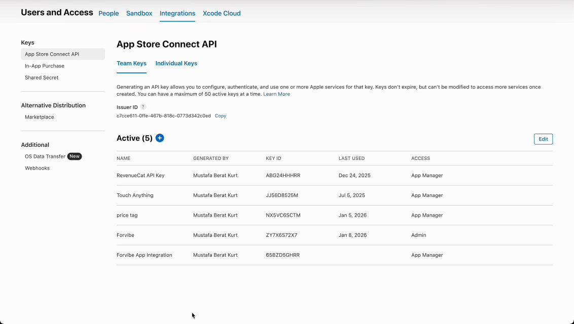 Connect App Store Connect in Forvibe